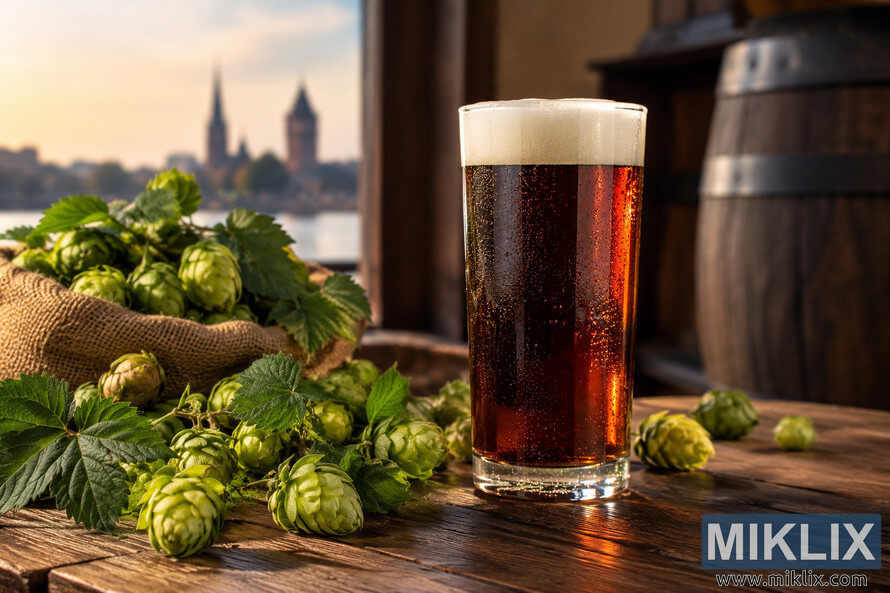 Landscape photograph of an unbranded traditional glass of dark amber German Altbier with a creamy foam head, surrounded by fresh green hop cones and leaves on a rustic wooden table, with a burlap sack, wooden barrel, water, and a softly blurred European skyline in warm golden-hour light.