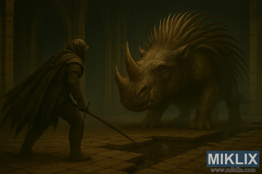 Realistic dark fantasy art of the Tarnished in Black Knife armor confronting a colossal horned beast with spiked back in Elden Ring: Shadow of the Erdtree