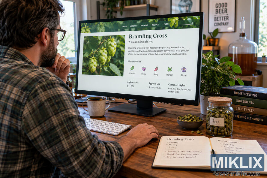 Homebrewer in a plaid shirt researching Bramling Cross hops on a desktop computer, with hop ingredients, brewing notes, reference books, plants, and a glass fermenter in a warm home brewing workspace. Homebrewer in a plaid shirt researching Bramling Cross hops on a desktop computer, with hop ingredients, brewing notes, reference books, plants, and a glass fermenter in a warm home brewing workspace.