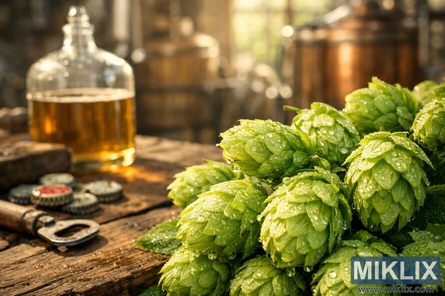 Close-up of dew-covered Sonnet hop cones on a rustic wooden table with a glass carboy and vintage brewing tools in a warm, sunlit brewery.