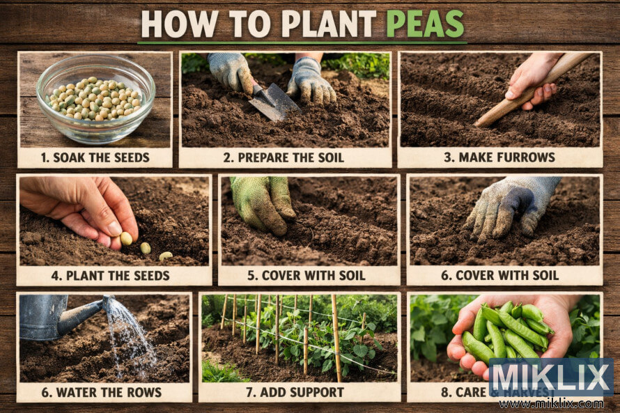 Step-by-step photo guide showing how to plant peas, from soaking seeds and preparing soil to watering, adding support, and harvesting pea pods. Step-by-step photo guide showing how to plant peas, from soaking seeds and preparing soil to watering, adding support, and harvesting pea pods.