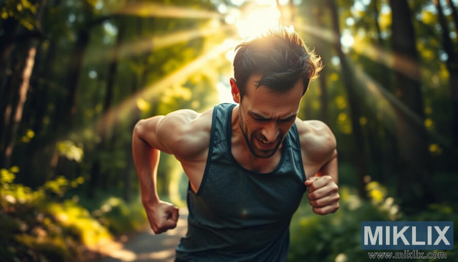 Corredor se esforçando com determinação em uma trilha ensolarada na floresta, com a luz filtrando pelas árvores. Corredor se esforçando com determinação em uma trilha ensolarada na floresta, com a luz filtrando pelas árvores.