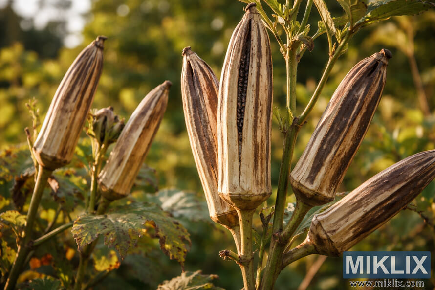 Close-up of several over-mature okra pods drying and splitting open on the plant, revealing dark seeds in warm afternoon sunlight.