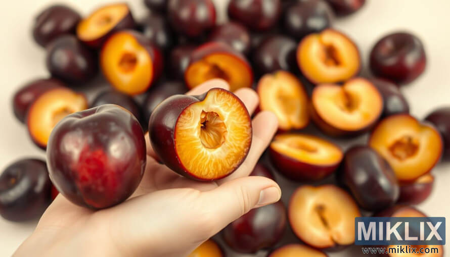 BliÅ¾nji posnetek zrelih sliv z globoko vijoliÄno lupino in zlatim mesom, ena v odprti dlani na svetlem ozadju.
