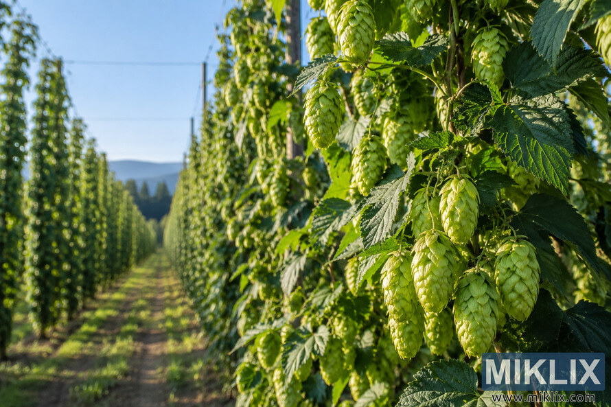 Landscape view of dense green hop cones growing on leafy climbing bines in a sunlit hop yard, with tall trellised rows and a grassy farm path receding toward distant hills.