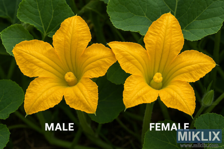 Close-up of male and female pumpkin flowers showing their structural differences