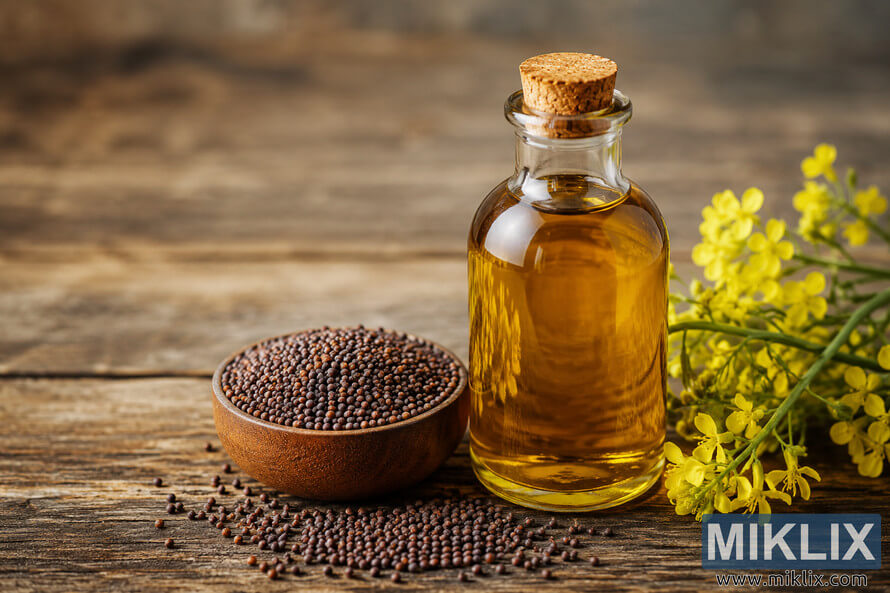 A high-resolution landscape photograph of golden mustard oil in a clear glass bottle with a cork stopper, placed beside a wooden bowl filled with dark mustard seeds on a rustic wooden table. Yellow mustard flowers are arranged softly in the background under warm natural lighting. A high-resolution landscape photograph of golden mustard oil in a clear glass bottle with a cork stopper, placed beside a wooden bowl filled with dark mustard seeds on a rustic wooden table. Yellow mustard flowers are arranged softly in the background under warm natural lighting.