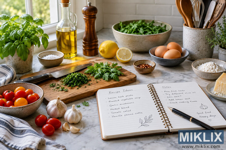Sunlit recipe development workspace with an open handwritten notebook, pen, fresh herbs, tomatoes, garlic, lemon, eggs, olive oil, flour, cheese, seasonings, cutting board, and kitchen knife arranged on a stone countertop. Sunlit recipe development workspace with an open handwritten notebook, pen, fresh herbs, tomatoes, garlic, lemon, eggs, olive oil, flour, cheese, seasonings, cutting board, and kitchen knife arranged on a stone countertop.