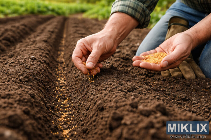 Close-up of a gardenerâs hands sowing golden mustard seeds into dark, freshly tilled garden rows under warm natural light.