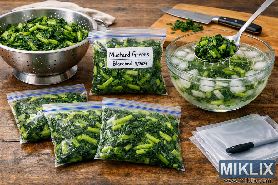 Blanched mustard greens drained in a colander, cooled in an ice bath, and portioned into labeled freezer bags on a rustic wooden kitchen table.
