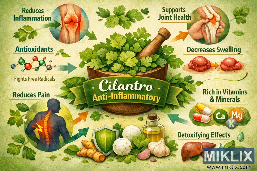 Infographic-style digital illustration showing a central wooden mortar filled with fresh cilantro leaves, surrounded by labeled sections and icons that explain cilantro’s anti-inflammatory benefits, including reduced inflammation, joint support, decreased swelling, pain relief, immune support, detoxifying effects, and rich vitamins and minerals, all on a soft green background with additional herbal elements like turmeric, garlic, and a small bottle of oil. Infographic-style digital illustration showing a central wooden mortar filled with fresh cilantro leaves, surrounded by labeled sections and icons that explain cilantro’s anti-inflammatory benefits, including reduced inflammation, joint support, decreased swelling, pain relief, immune support, detoxifying effects, and rich vitamins and minerals, all on a soft green background with additional herbal elements like turmeric, garlic, and a small bottle of oil.