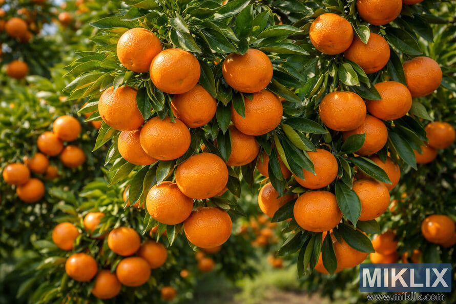 Clusters of ripe honey tangerines with vibrant orange color hanging densely on leafy branches in a citrus orchard