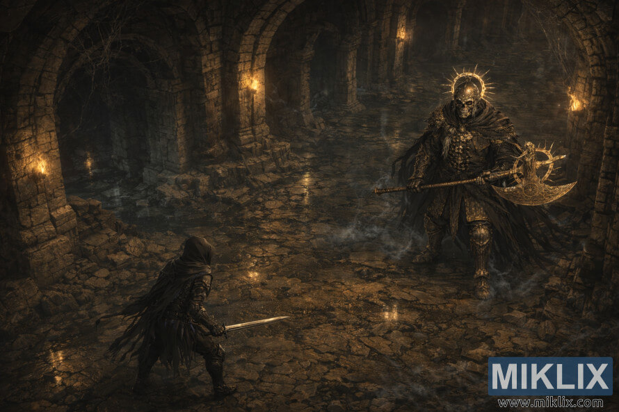 Isometric dark fantasy view of the Tarnished with a sword facing a skull-faced Death Knight wielding a golden axe inside a vast torch-lit catacomb.