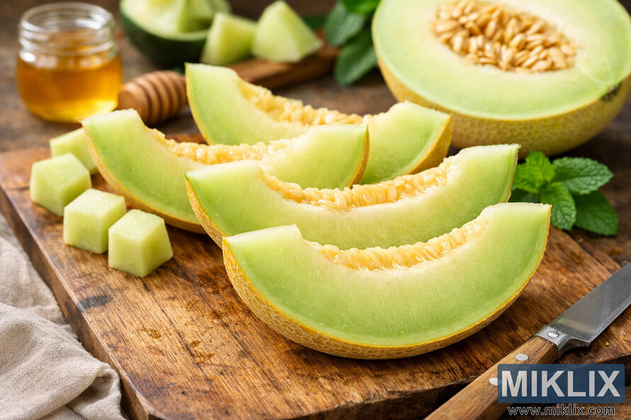 High-resolution photo of fresh honeydew melon slices arranged on a wooden cutting board with honey, lime, and mint leaves in the background. High-resolution photo of fresh honeydew melon slices arranged on a wooden cutting board with honey, lime, and mint leaves in the background.