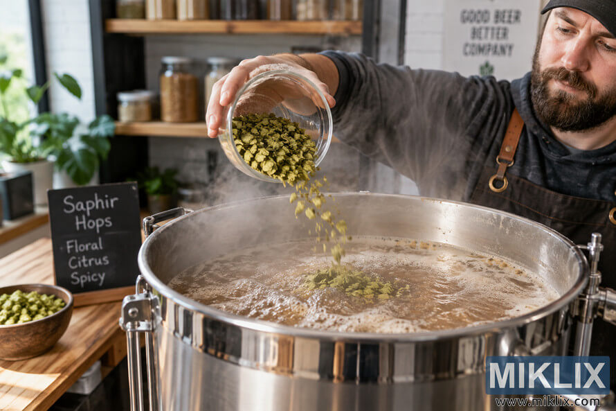 Homebrewer pouring green Saphir hops from a glass container into a large stainless-steel kettle of boiling, steaming wort in a warm home brewery.