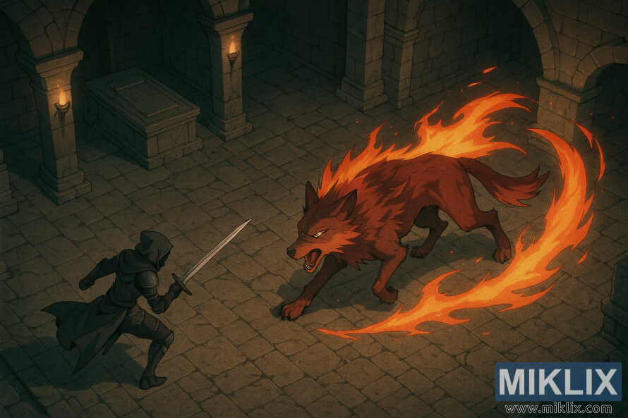 Vista isomÃ©trica de estilo anime de una armadura Tarnished in Black Knife enfrentando al Lobo Rojo en llamas dentro de la Tumba del HÃ©roe Gelmir.