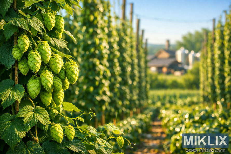 Bright green Orion hop cones hanging from trellises in a sunlit garden with dew-covered leaves and a blurred brewery in the background.