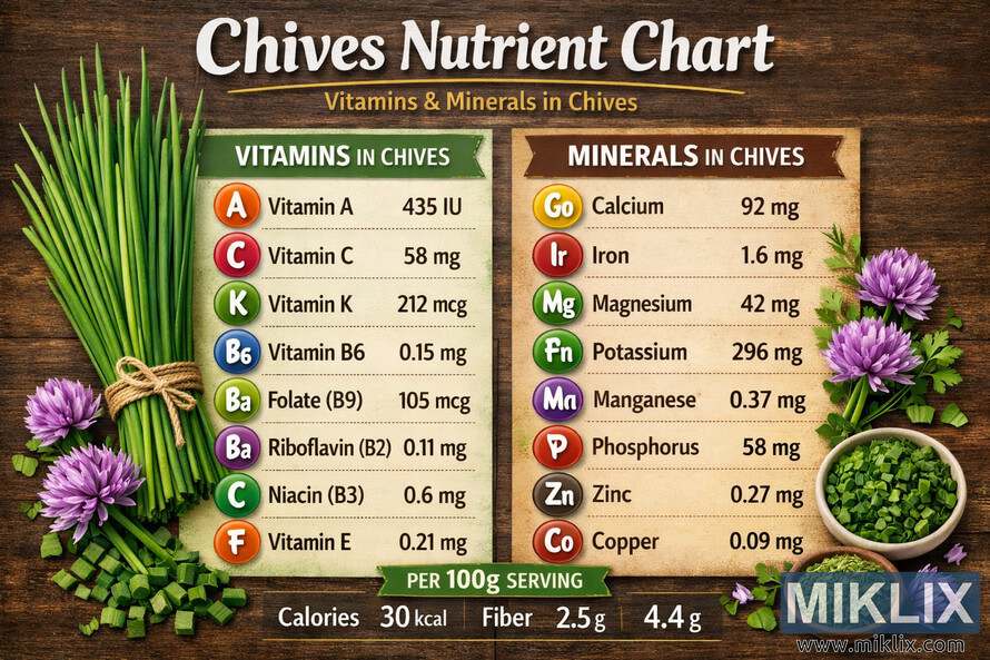 Infographic showing vitamins and minerals in chives with colorful icons and nutrient values per 100g serving. Infographic showing vitamins and minerals in chives with colorful icons and nutrient values per 100g serving.