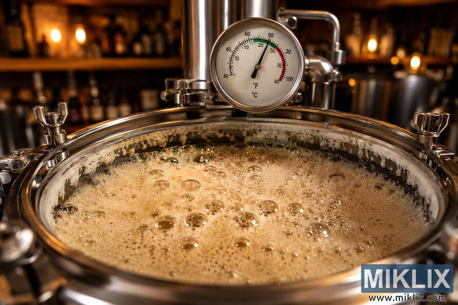 Close-up landscape image of an active fermentation vessel filled with Belgian Saison yeast, showing vivid bubbling foam, a temperature gauge reading optimal fermentation temperatures between 70°F and 80°F, and softly blurred brewing equipment in a warmly lit craft brewery background. Close-up landscape image of an active fermentation vessel filled with Belgian Saison yeast, showing vivid bubbling foam, a temperature gauge reading optimal fermentation temperatures between 70°F and 80°F, and softly blurred brewing equipment in a warmly lit craft brewery background.