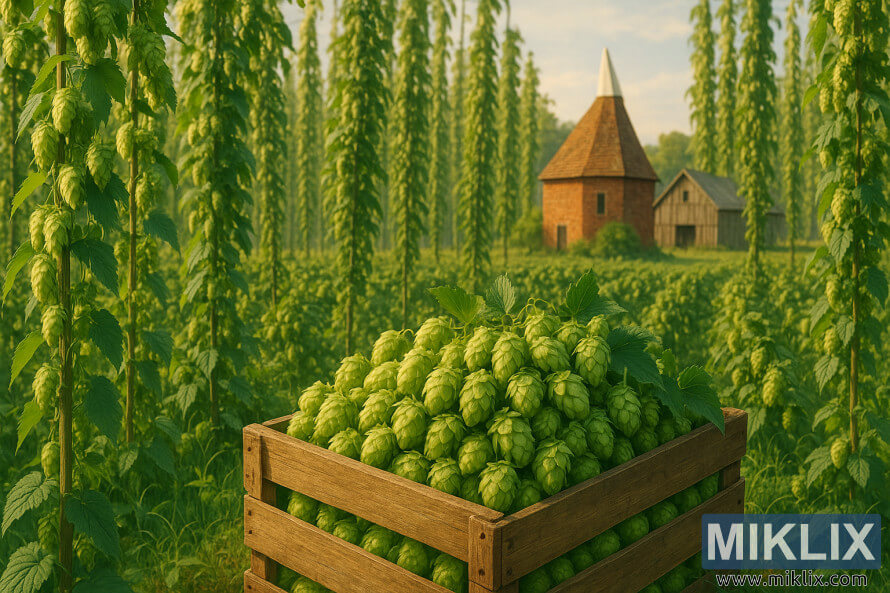 Drvena gajba napunjena svjeÅ¾im zelenim hmeljem u prvom planu bujnog polja hmelja, s peÄi od crvene cigle i oronulim Å¡talom u pozadini.