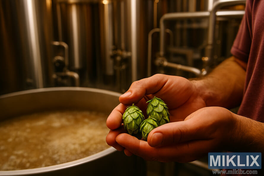 Brewer na may hawak na Outeniqua hop cone sa isang mainit-init na serbesa na may mga fermentation tank at bumubulusok na mash tun sa background.