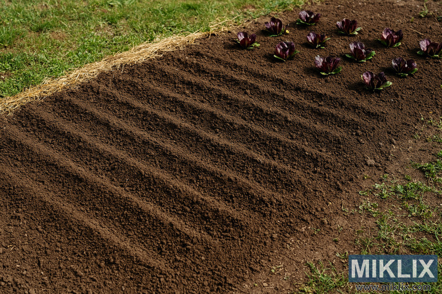 Landscape photo of a tilled garden bed with radicchio plants and straw mulch