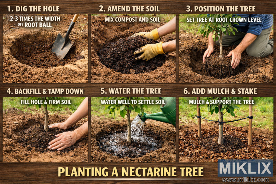 Six-step visual guide showing how to plant a nectarine tree, from digging the hole and amending soil to watering, mulching, and staking.