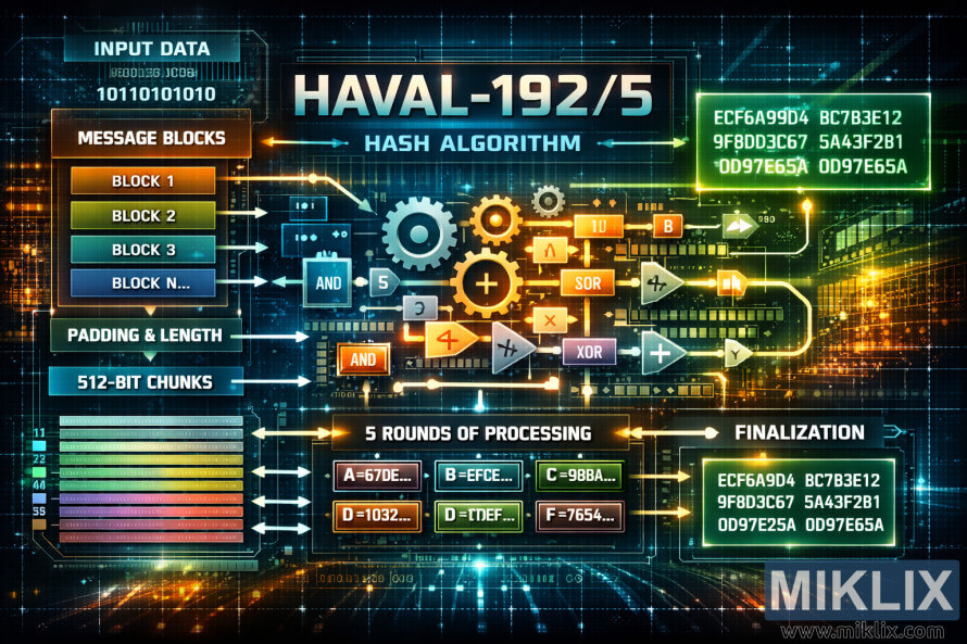 फ्यूचरिस्टिक डायग्राम जो बाइनरी इनपुट और पैडेड मैसेज ब्लॉक से HAVAL-192/5 हैश एल्गोरिदम को पांच प्रोसेसिंग राउंड के ज़रिए 192-bit हेक्साडेसिमल आउटपुट तक दिखाता है।