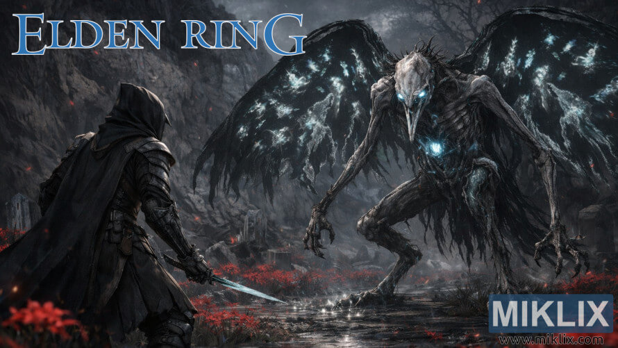 Fan art of Elden Ring player in Black Knife armor battling Death Rite Bird in Charo's Hidden Grave