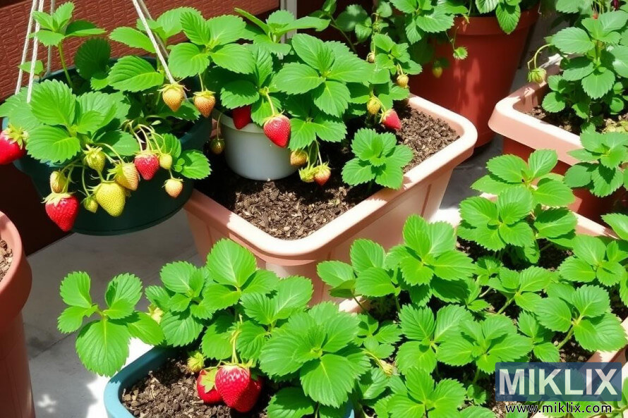 Jardin de fraises en pot avec des feuilles vertes et des baies à différents stades de maturation. Jardin de fraises en pot avec des feuilles vertes et des baies à différents stades de maturation.