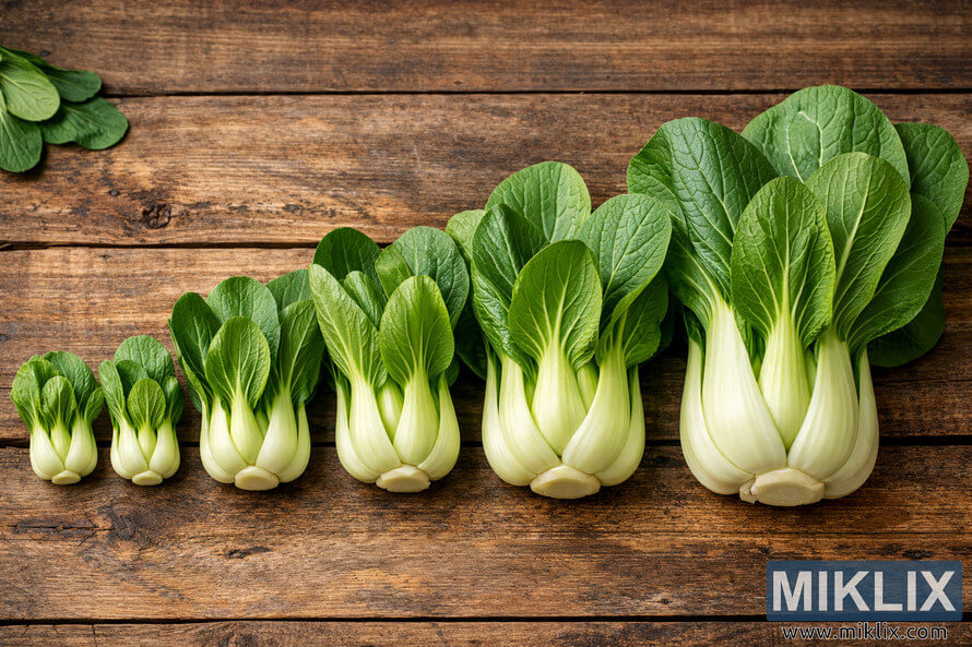 A high-resolution landscape photograph showing bok choy arranged from smallest baby bok choy on the left to largest mature bok choy on the right, placed on a rustic wooden surface. A high-resolution landscape photograph showing bok choy arranged from smallest baby bok choy on the left to largest mature bok choy on the right, placed on a rustic wooden surface.