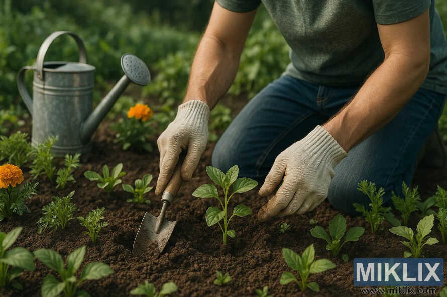 Jardinier en gants plantant un semis feuillu dans le sol avec des soucis et un arrosoir à proximité. Jardinier en gants plantant un semis feuillu dans le sol avec des soucis et un arrosoir à proximité.