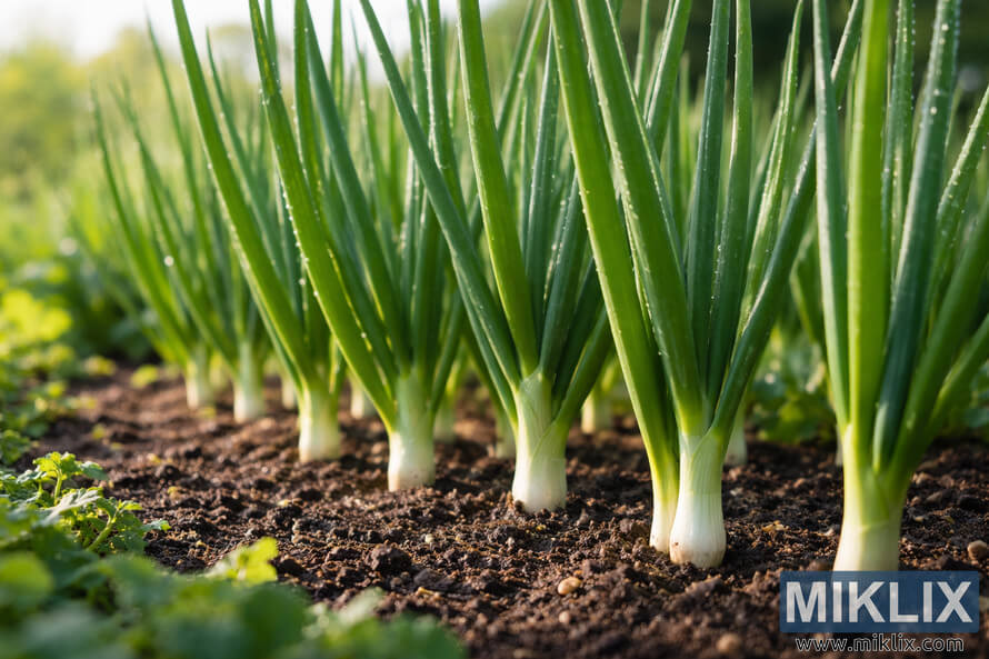 Fresh green scallions growing upright in dark soil in a garden bed with morning light and dew on the stalks