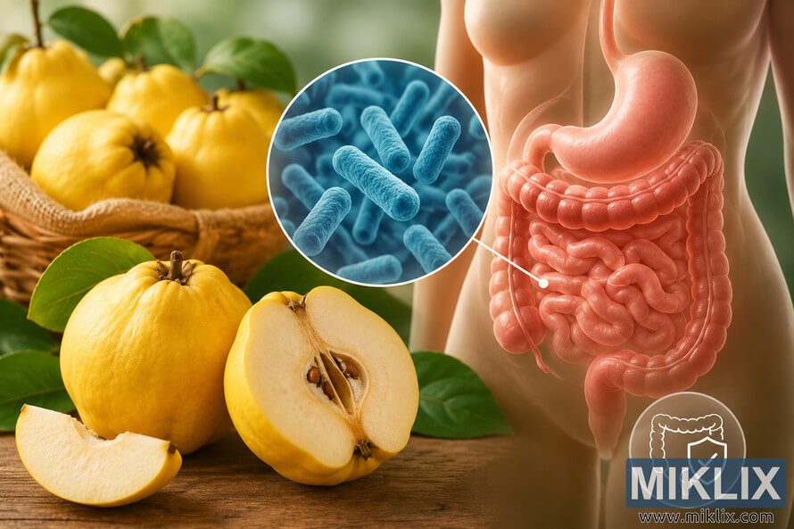 Landscape-oriented medical illustration featuring fresh yellow quince fruits beside a stylized transparent human digestive system with magnified probiotic bacteria, symbolizing gut health, microbiome balance, and natural digestive wellness. Landscape-oriented medical illustration featuring fresh yellow quince fruits beside a stylized transparent human digestive system with magnified probiotic bacteria, symbolizing gut health, microbiome balance, and natural digestive wellness.