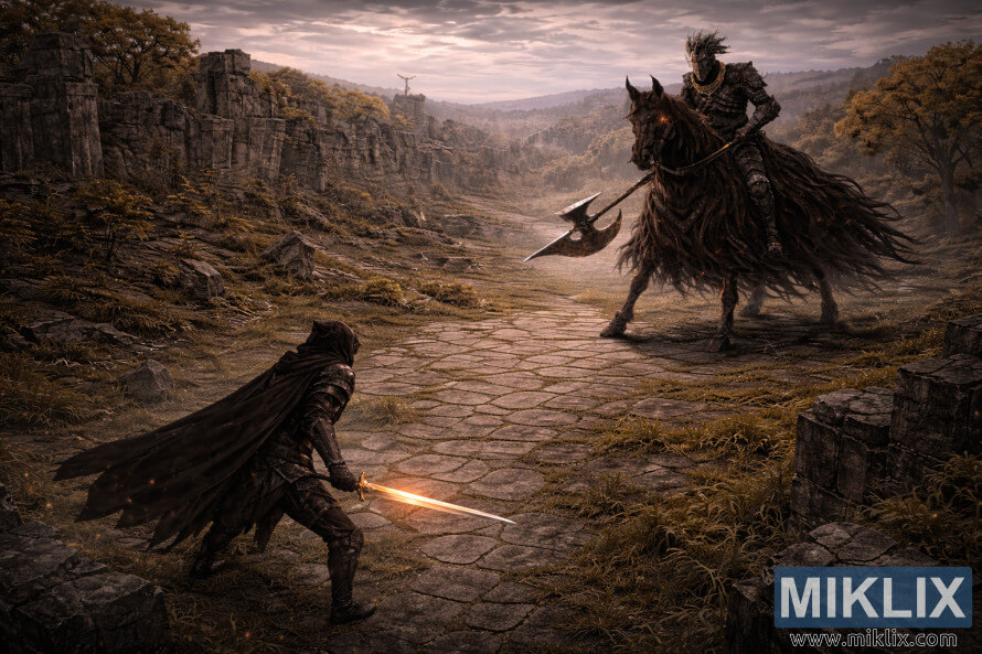 Landskapsscene med mÃ¸rk fantasi av en hettekledd, pansret kriger med et glÃ¸dende sverd som stÃ¥r overfor en ruvende ridder pÃ¥ en steinvei blant gamle ruiner i skumringen.