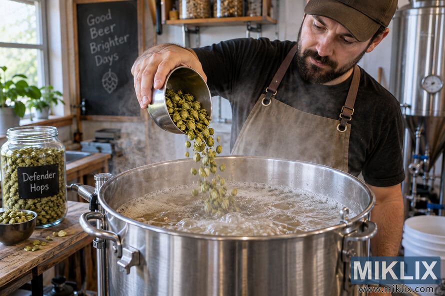 Homebrewer in a rustic brewing space pouring green hops from a metal bowl into a large stainless-steel kettle of vigorously boiling wort, with steam, brewing equipment, and hop ingredients surrounding him. Homebrewer in a rustic brewing space pouring green hops from a metal bowl into a large stainless-steel kettle of vigorously boiling wort, with steam, brewing equipment, and hop ingredients surrounding him.