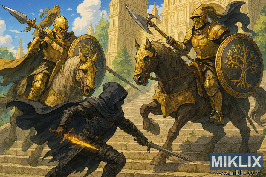 Gambar buatan penggemar bergaya anime yang menggambarkan Tarnished bertarung melawan dua Penjaga Pohon di tangga menuju Ibu Kota Kerajaan Leyndell.