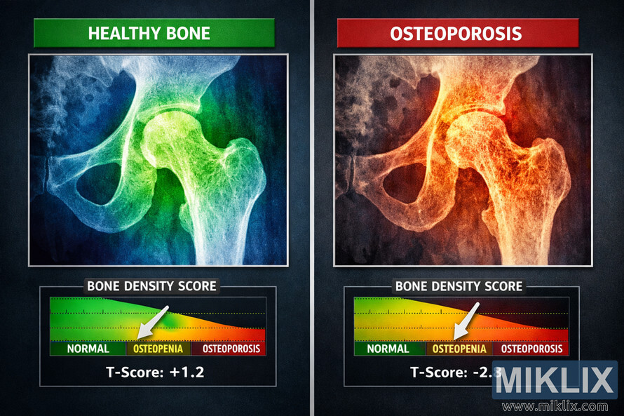 Digital medical imaging comparison showing two bone density scans side by side, one labeled healthy bone with a green density score and one labeled osteoporosis with a red density score, each accompanied by a color-coded bone density graph. Digital medical imaging comparison showing two bone density scans side by side, one labeled healthy bone with a green density score and one labeled osteoporosis with a red density score, each accompanied by a color-coded bone density graph.
