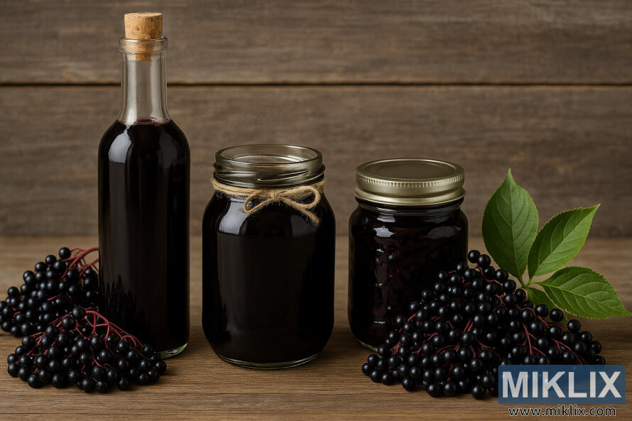 Rupa-rupa produk elderberry homemade kaasup botol sirop, kendi jam, jeung klaster elderberries asak disusun dina meja kai rustic.