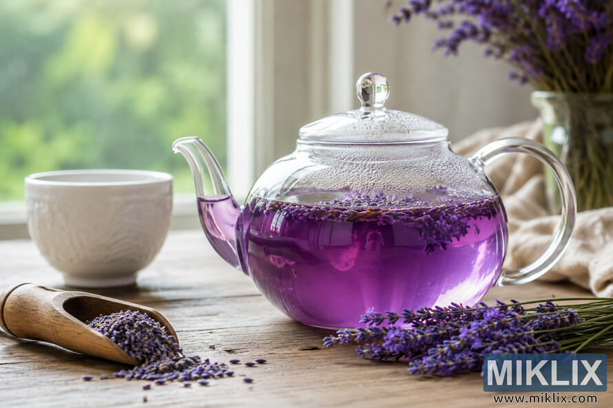 A clear glass teapot filled with vivid purple lavender tea sits on a rustic wooden table beside fresh lavender sprigs, a white ceramic cup, and scattered dried lavender in soft natural window light. A clear glass teapot filled with vivid purple lavender tea sits on a rustic wooden table beside fresh lavender sprigs, a white ceramic cup, and scattered dried lavender in soft natural window light.