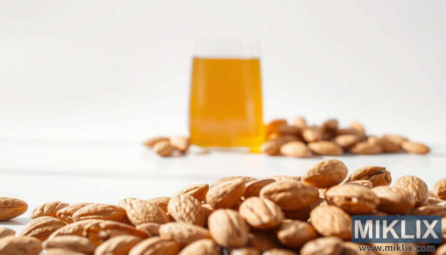 Primer plano de almendras crudas con un vaso de aceite de almendras contra un fondo claro y borroso.