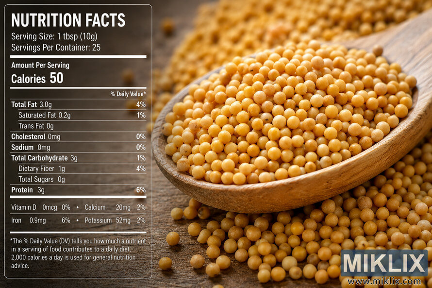 High-resolution close-up photograph of golden mustard seeds spilling from a wooden spoon onto a rustic wooden surface, with a detailed nutrition facts label overlay displayed on the left side of the image. High-resolution close-up photograph of golden mustard seeds spilling from a wooden spoon onto a rustic wooden surface, with a detailed nutrition facts label overlay displayed on the left side of the image.