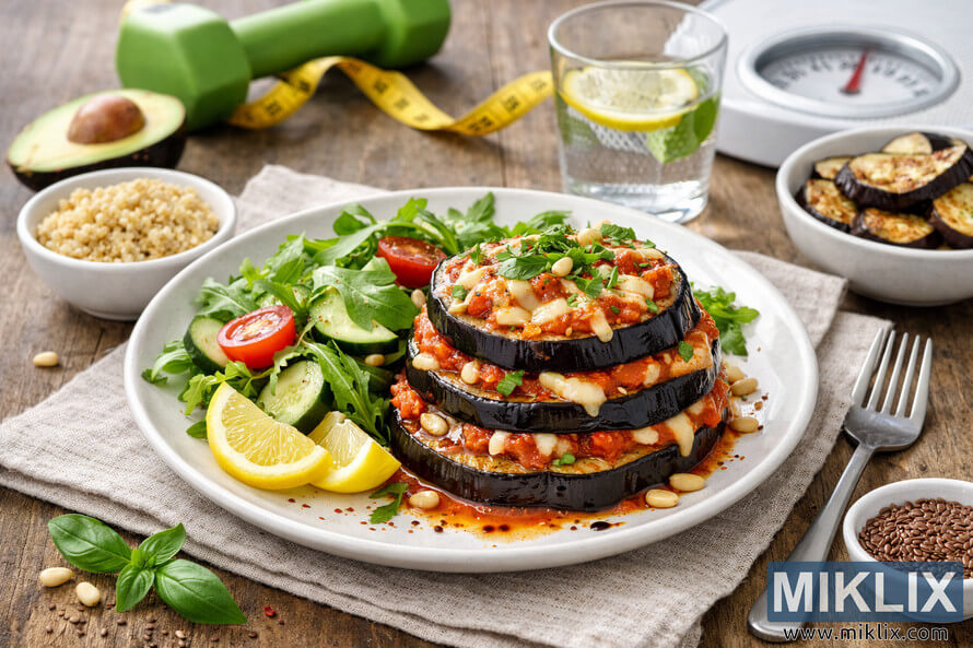 A healthy, low-calorie eggplant dish served on a white plate with salad, quinoa, and lemon wedges, symbolizing balanced nutrition and weight management. A healthy, low-calorie eggplant dish served on a white plate with salad, quinoa, and lemon wedges, symbolizing balanced nutrition and weight management.