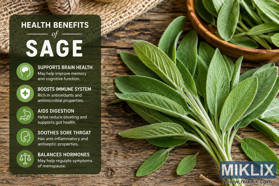 Fresh green sage leaves arranged on a rustic wooden table in soft natural light, with a botanical health benefits infographic overlay describing sageâs support for brain health, digestion, immunity, and overall wellness.