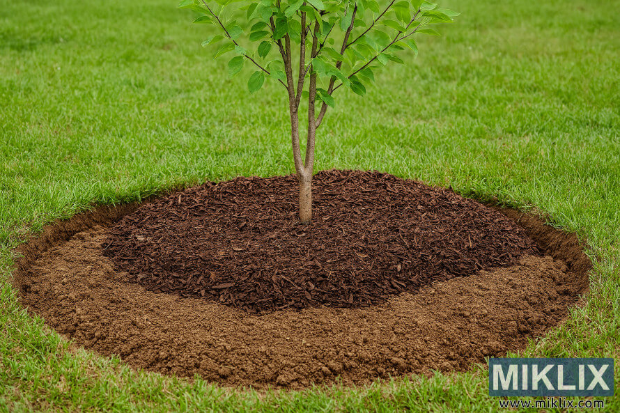 SerpÃ  jove plantat en sÃ²l preparat amb una capa circular de coberta vegetal, envoltat d'herba verda.