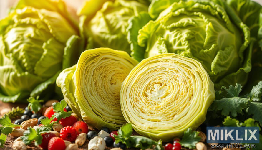 Col verda fresca amb una secciÃ³ tallada a rodanxes, envoltada de fulles verdes, baies, fruits secs i llavors.