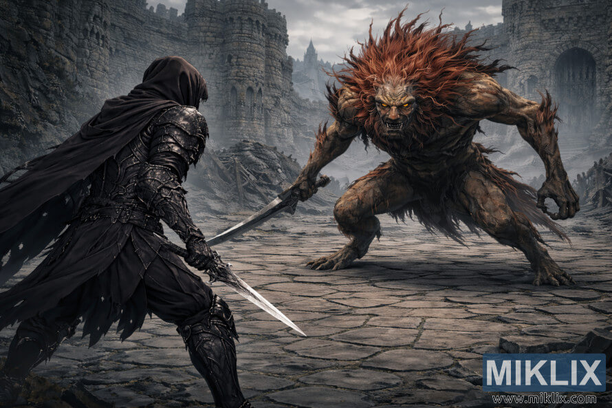 Anime-Fantasy-Szene: Der Tarnished in Black Knife-RÃ¼stung, von hinten gesehen, steht im Innenhof der Ruine von Castle Morne einem grÃ¶Ãeren Leonine Misbegotten-Boss aus nÃ¤chster NÃ¤he gegenÃ¼ber.