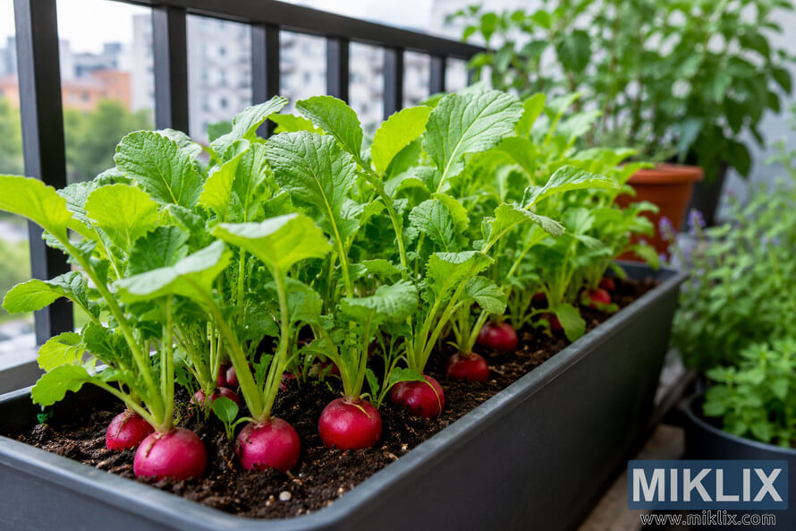 Healthy red radishes growing in a long rectangular planter on a balcony, surrounded by lush green foliage with a softly blurred urban background in natural daylight.