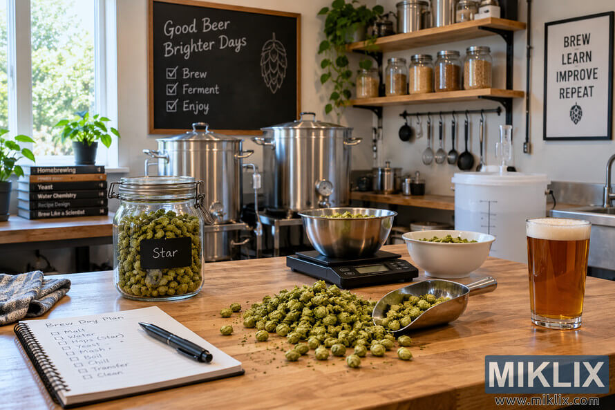 Wide view of an organized homebrewing workspace with Star hops in a glass jar and spread across a wooden workbench, a metal scoop, digital scale, brewing notebook, stainless-steel kettles, fermentation vessel, ingredient jars, brewing utensils, plants, and a glass of amber beer. Wide view of an organized homebrewing workspace with Star hops in a glass jar and spread across a wooden workbench, a metal scoop, digital scale, brewing notebook, stainless-steel kettles, fermentation vessel, ingredient jars, brewing utensils, plants, and a glass of amber beer.