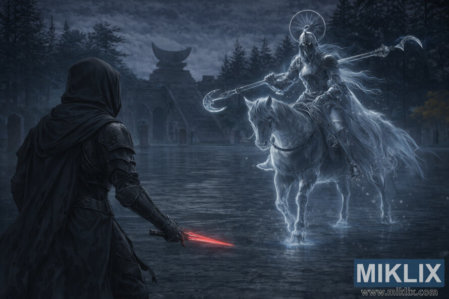 Fan art dâun joueur en armure Black Knife affrontant la Chevalier Royale Loretta au manoir Caria de Elden Ring